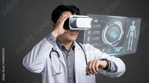 Professional male doctor uses virtual reality headset for advanced holographic medical AI interface