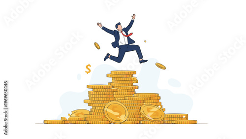 Successful businessman in a suit jumping over a large pile of golden coins celebrating financial growth and massive profit in a competitive market.