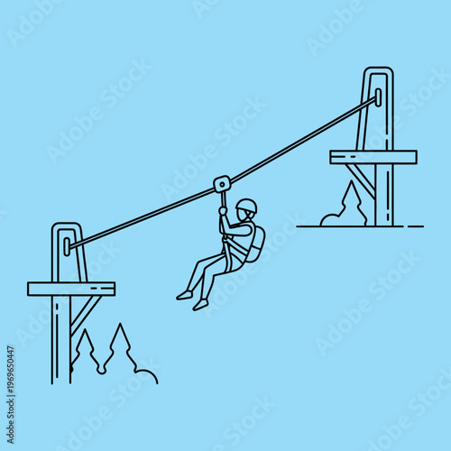 Person ziplining on a line between two towers with mountains zip line