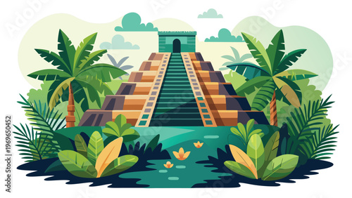 Mayan temple surrounded by green trees and plants in a tropical setting during daytime with clouds in the sky