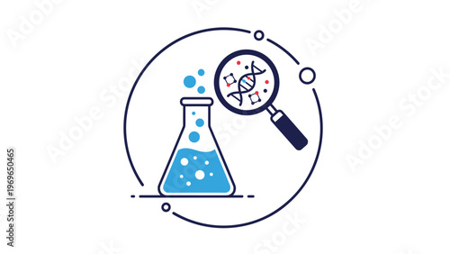 Scientific illustration showing a laboratory flask filled with blue liquid and a magnifying glass focusing on a DNA double helix.