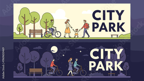 Set of horizontal banners for a city park showing people walking and cycling during the daytime and nighttime under a bright moon and stars.