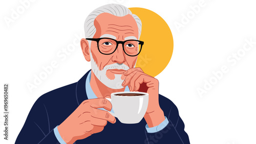 Portrait of a sophisticated elderly man with a white beard and glasses holding a white cup of hot coffee while looking thoughtfully at the camera.