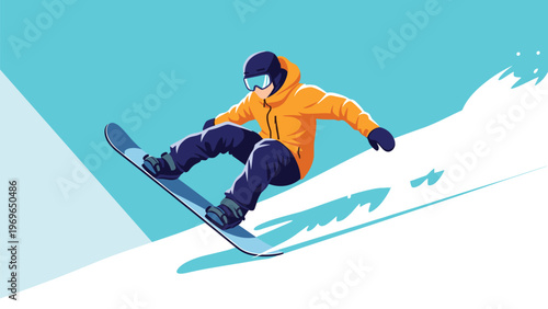 Snowboarder in a yellow jacket and blue pants performing a trick while sliding down a snowy mountain slope against a blue sky.