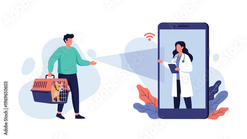 Man holding a pet carrier with a small dog while consulting with a female veterinarian through a large smartphone screen.