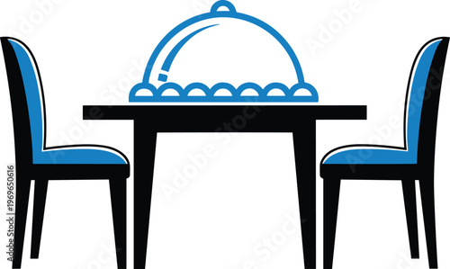 Dining table with two chairs and food cloche cover icon vector illustration for restaurant catering.