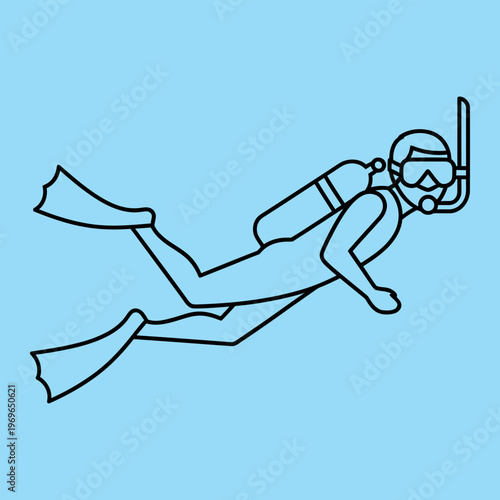 Scuba diver swimming right with snorkel gear on light blue background diving