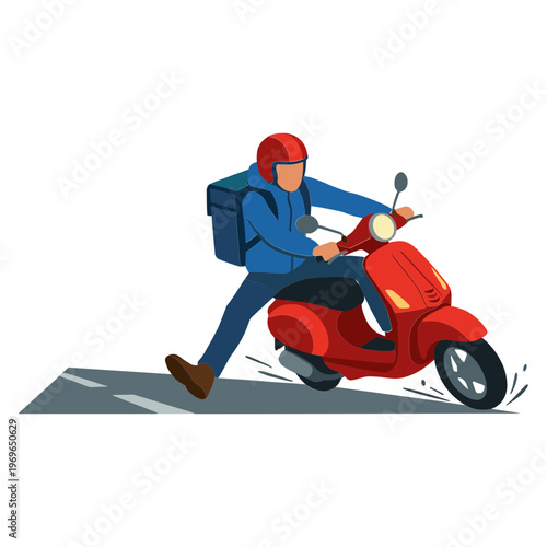 Delivery rider on red scooter speeding down urban road with backpack