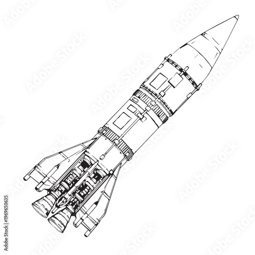 Detailed blueprint of a rocket showing segmented stages and structural layout design.