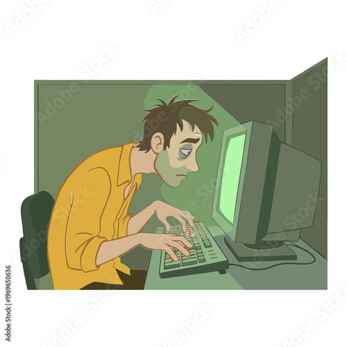 Man intensely working on computer in dimly lit room late at night