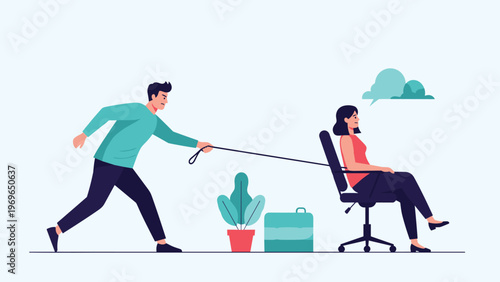 Angry man pulling a woman on an office chair with a rope while she looks distressed in a workplace conflict scene.