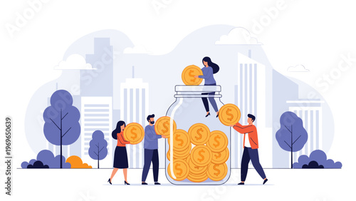 Group of people working together to fill a large glass jar with golden coins against a modern city skyline background.