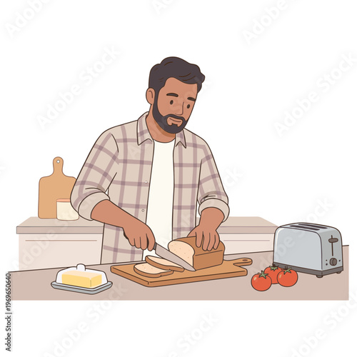 Man slicing bread on kitchen counter with toaster and butter