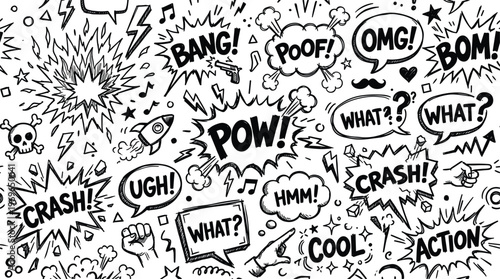 Dynamic hand drawn comic speech bubbles with expressive sound effects bang pow and crash explosion elements in sketch style