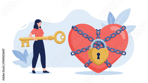 Determined woman holding a large golden key and walking toward a giant red heart locked with chains and a padlock.