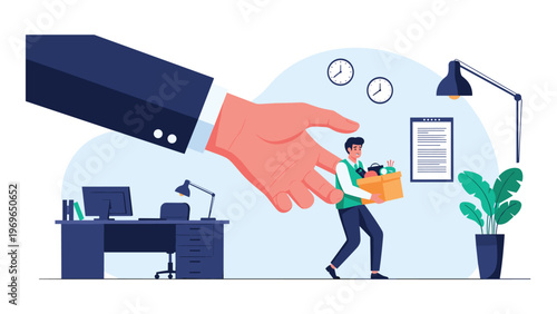 Huge corporate hand pushing an employee out of the office while he carries a box of personal items representing a sudden job termination process.