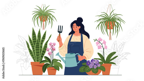 Female gardener in an apron watering various indoor potted plants with a watering can and holding a small garden fork.
