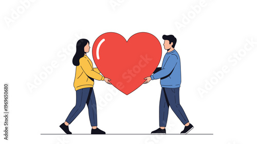 Young man and woman walking together while carrying a giant red heart between them symbolizing a shared romantic relationship and mutual love.