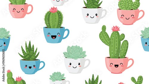 Seamless pattern of cute cartoon cacti and succulent plants in colorful smiling mugs and cups on a white background.