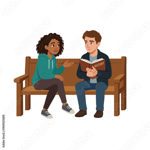 Two people sitting on a bench discussing a book outdoors