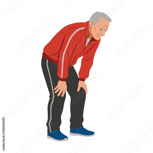 An elderly man in a red tracksuit bends over in discomfort on a sunny day.