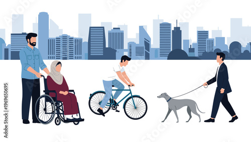 Diverse group of people including a cyclist, a man walking a dog, and a man pushing a woman in a wheelchair against a city skyline.