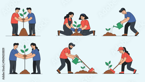 Set of illustrations showing diverse people planting young trees and caring for the environment through gardening.