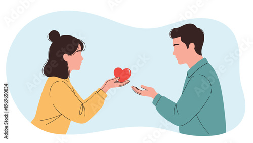 Kind woman in a yellow sweater giving a small red heart to a man in a blue shirt expressing her romantic feelings and affection for him.