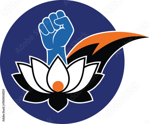 Symbol of protest and hope with fist, lotus flower, and abstract flame.
