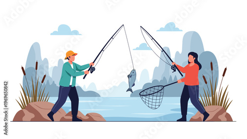 Man and woman fishing together at a calm lake with mountains and reeds in the background while they catch a fish.