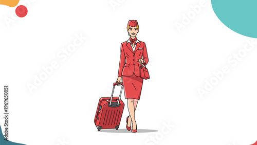 Cheerful flight attendant in a professional red uniform walking with a suitcase against a white background with abstract shapes.