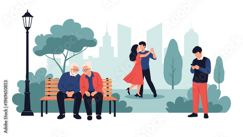 People spending time in a city park including an elderly couple on a bench a couple dancing and a young man looking at his mobile phone screen.