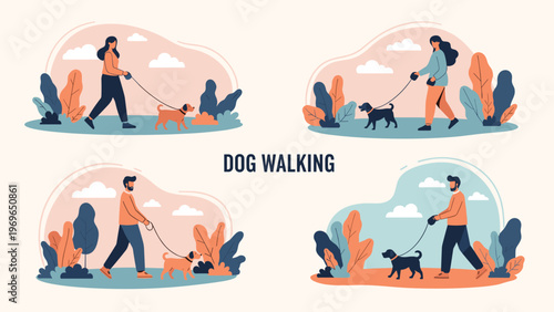 Set of four illustrations showing diverse men and women walking their dogs on leashes through a park during various seasons.