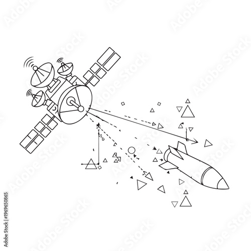 Line drawing of a satellite in space being approached by a probe with geometric debris.