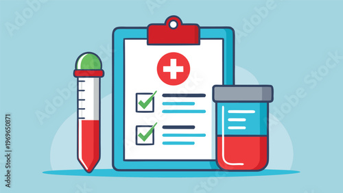 Healthcare tools for medical testing with clipboard, test tube, and sample container displayed on a light blue background