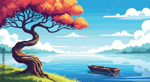 Peaceful lake landscape with a small wooden boat and a large twisted tree with orange autumn leaves.
