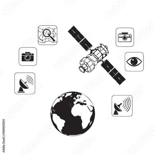 Satellite in orbit above Earth with global communication and data icons.