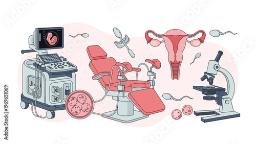 Collection of medical icons and equipment used for artificial insemination and fertility treatments including microscope and ultrasound.