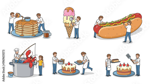Miniature people working together to prepare giant food items like stacks of pancakes ice cream cones hot dogs lobsters and decorated cakes.