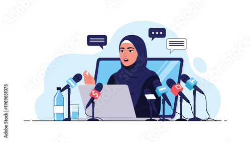 Confident Muslim woman journalist wearing a hijab speaking at a press conference with many microphones and speech bubbles representing news.