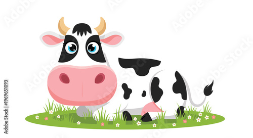 Cute black and white spotted cow with large blue eyes lying peacefully on a grassy field with flowers.