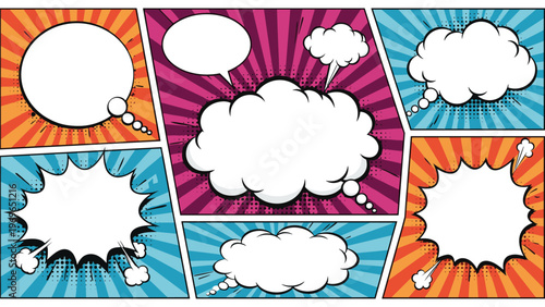 Colorful comic book page layout with multiple blank panels and various explosive and cloud shaped speech bubbles.