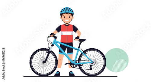 Young male cyclist in full biking gear including a helmet stands confidently next to his blue mountain bike on a white background.