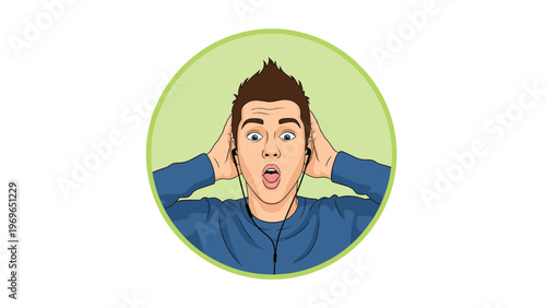 Young man looking shocked and surprised with his hands on his head while listening to music or an engaging podcast through earphones.