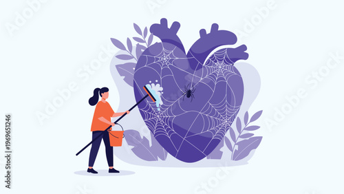 Young woman cleaning a giant purple human heart covered in cobwebs and spiders using a long handled mop and bucket.
