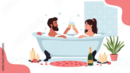 Romantic couple enjoying a luxurious bubble bath together with champagne and candles in a spa-like atmosphere for an anniversary.