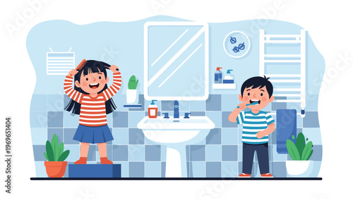 Young siblings practicing good hygiene in a bright bathroom with the girl combing her hair and the boy brushing his teeth at the sink.