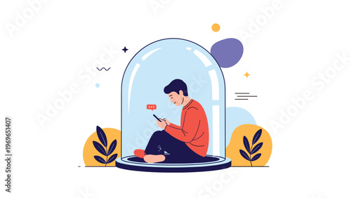 Young man sitting alone inside a protective glass dome while using his smartphone, representing social isolation or digital privacy.