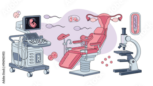 Comprehensive set of medical tools and diagrams representing the process of in vitro fertilization and laboratory fertility treatments.
