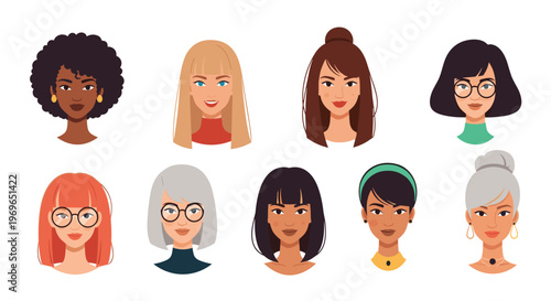 Collection of diverse female avatar portraits showcases various ethnicities hairstyles and facial features in a modern graphic style.